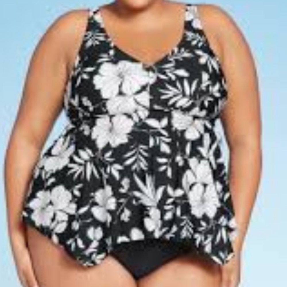 Over the Shoulder Tankini Top Black Floral
